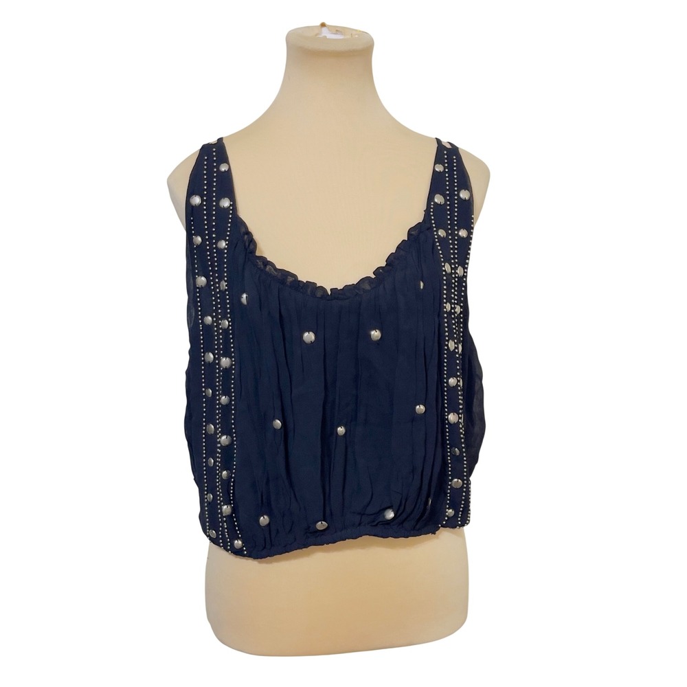 Free People Women Studded Chiffon Crop Tank Top Black Large Boho Casual Edgy